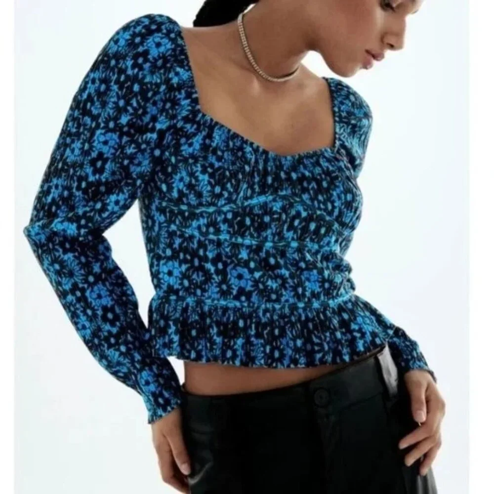Zara Blue & Black Floral Print Smocked Cropped Long Sleeve Top S
